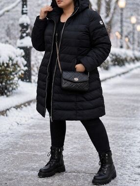 Michael Kors Black Hooded Puffer Coat | Quilted Zip-Up Winter Jacket Plus Size